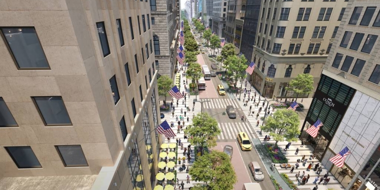 A rendering showing the transformed Fifth Avenue to accommodate pedestrians, cyclists, and public transit. Photos courtesy Fifth Avenue Association
