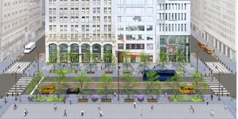 Aerial rendering of New York City Fifth Avenue redesign with widened sidewalks, greenery, crosswalks, buses, taxis, and pedestrian spaces between buildings.