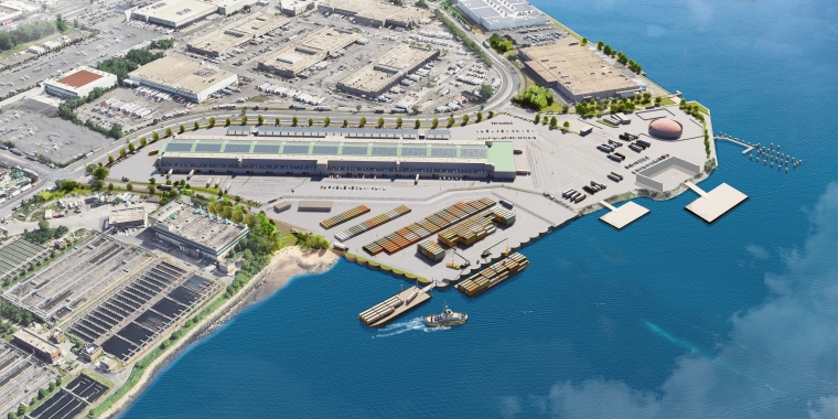 Aerial rendering of Hunts Point Marine Terminal showing an industrial waterfront facility with warehouses, shipping containers, vehicles, docks, boats, and nearby buildings, bordered by blue water and a marina area. Photo courtesy of NYCEDC.