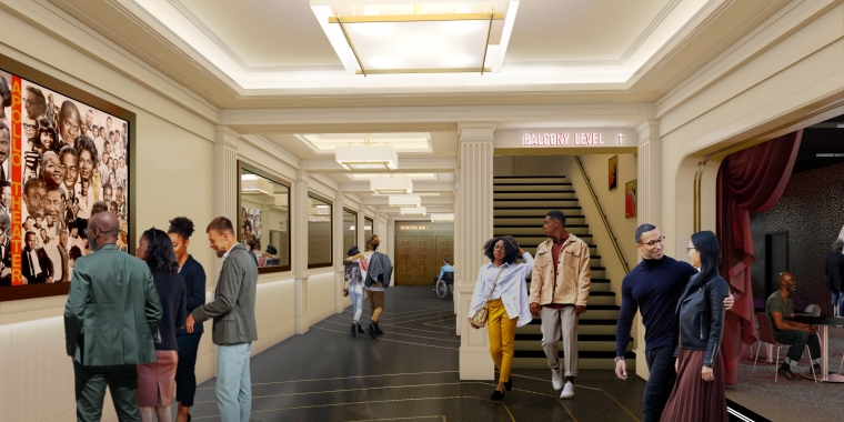 Interior rendering of Apollo Theater in Harlem, New York shows people walking and interacting in a stylish, modern theater lobby with bright lighting, wall art, and a staircase leading to the balcony level. Some individuals are seated in a side lounge area, while others converse in the hallway. Courtesy of Charcoalblue, Flyleaf Creative, and Beyer Blinder Belle.
