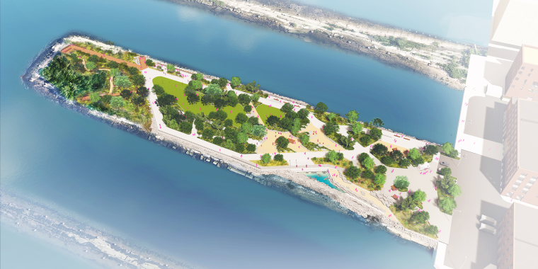 Aerial view of a lush park on Pier 6 featuring a serene small island surrounded by greenery and pathways.