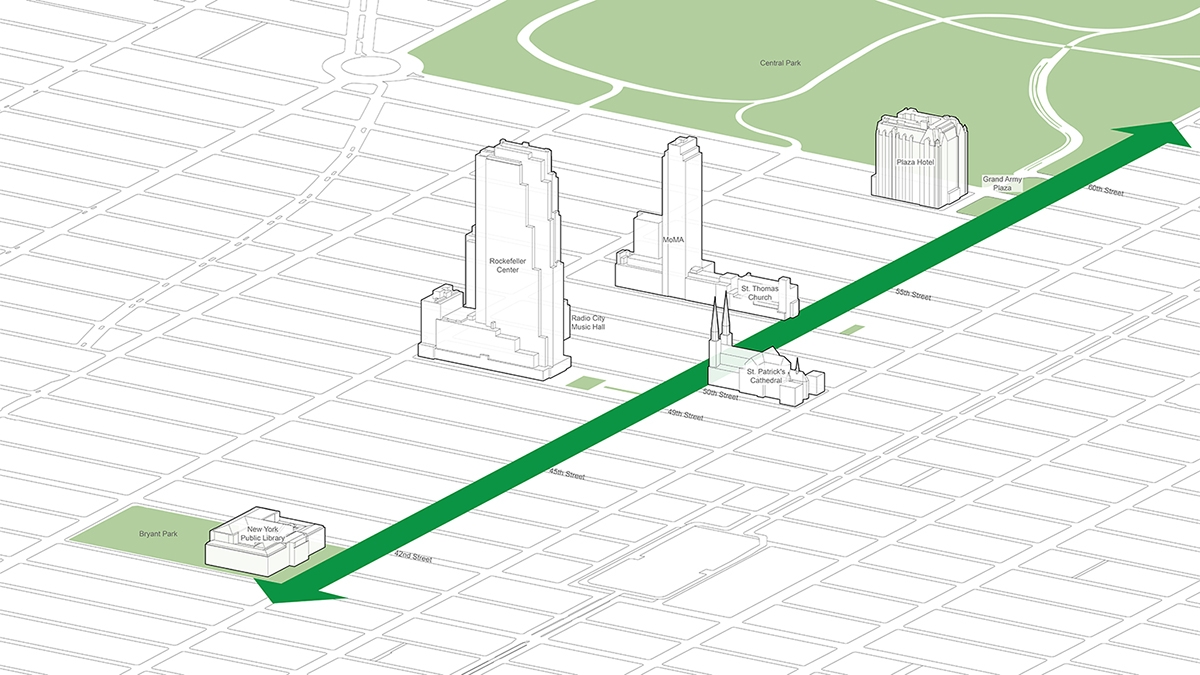 Map showing Fifth Avenue from Bryant Park to Central Park