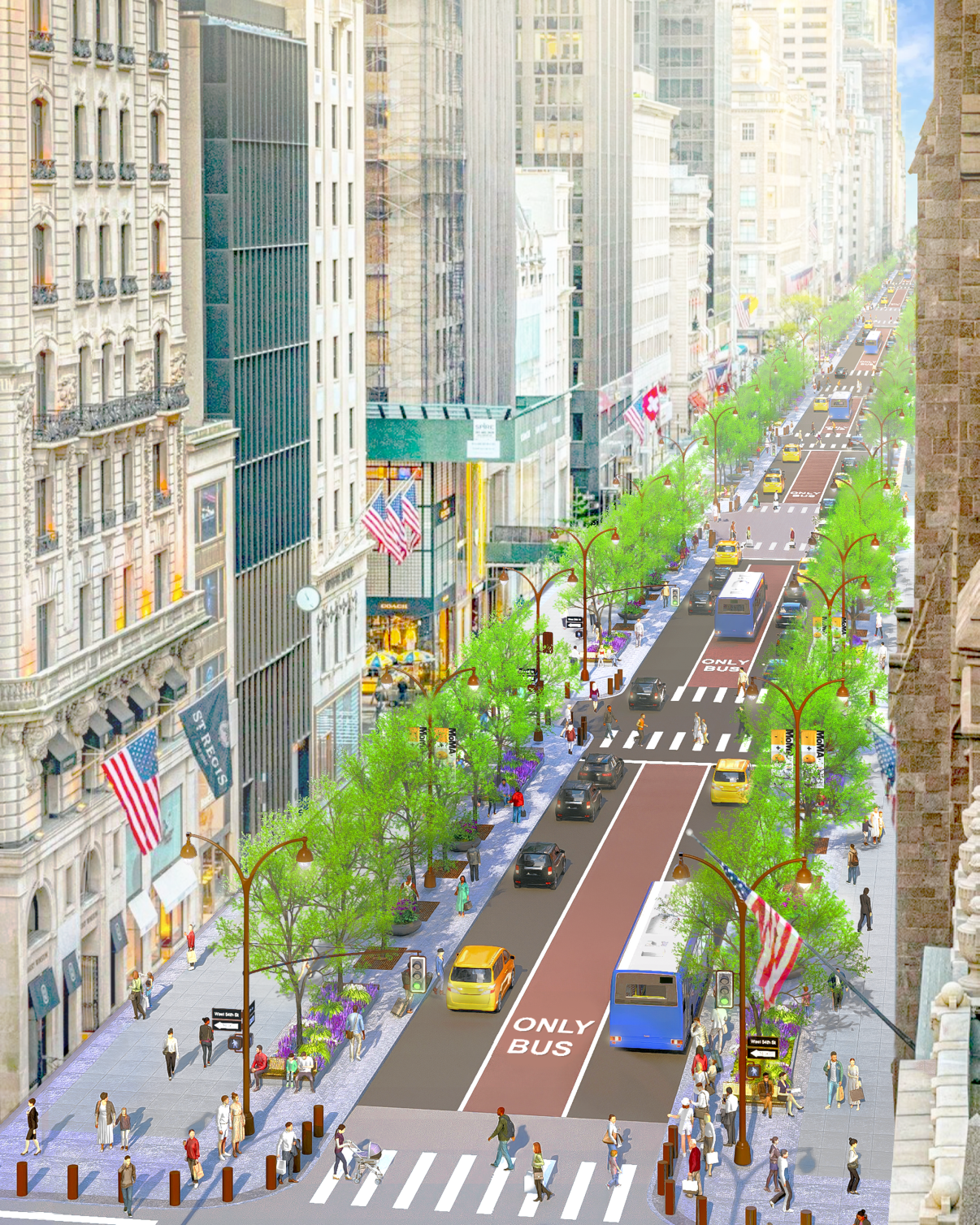 Aerial rendering of a bustling Fifth Avenue featuring dedicated bus lanes, busy sidewalks, and planted trees, surrounded by tall buildings. Aerial rendering of a bustling Fifth Avenue featuring dedicated bus lanes, busy sidewalks, and planted trees, surrounded by tall buildings.
