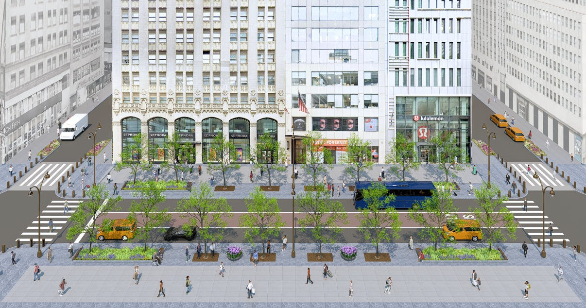 Aerial rendering of NYC Fifth Avenue with multiple lanes, pedestrians, trees, benches, and vehicles, including buses and taxis. Buildings line both sides of the street. Aerial rendering of NYC Fifth Avenue with multiple lanes, pedestrians, trees, benches, and vehicles, including buses and taxis. Buildings line both sides of the street.