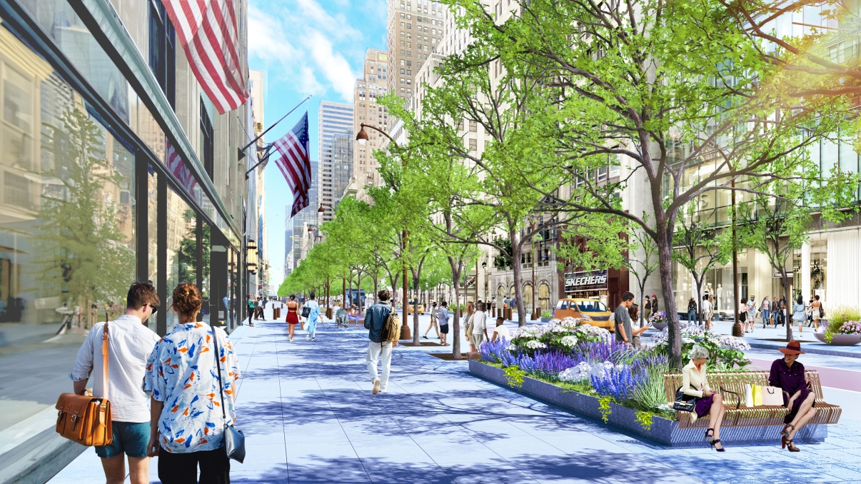 Tree-lined Fifth Avenue sidewalk showing people walking, American flags, tall buildings, and a few pedestrians sitting on benches.